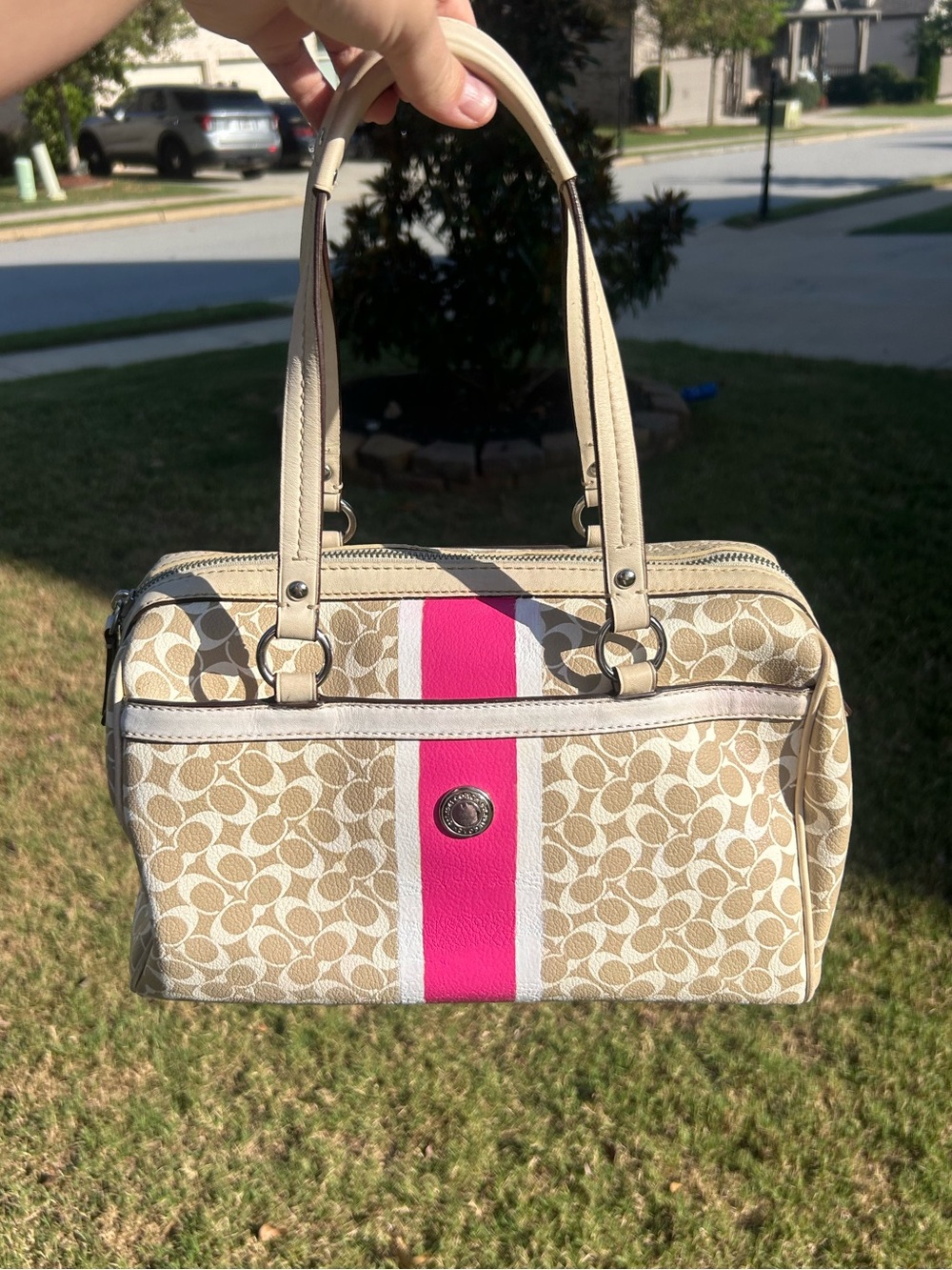 Coach Signature Stripe Satchel Handbag Beige Khaki Pink White – Repaired/Restore